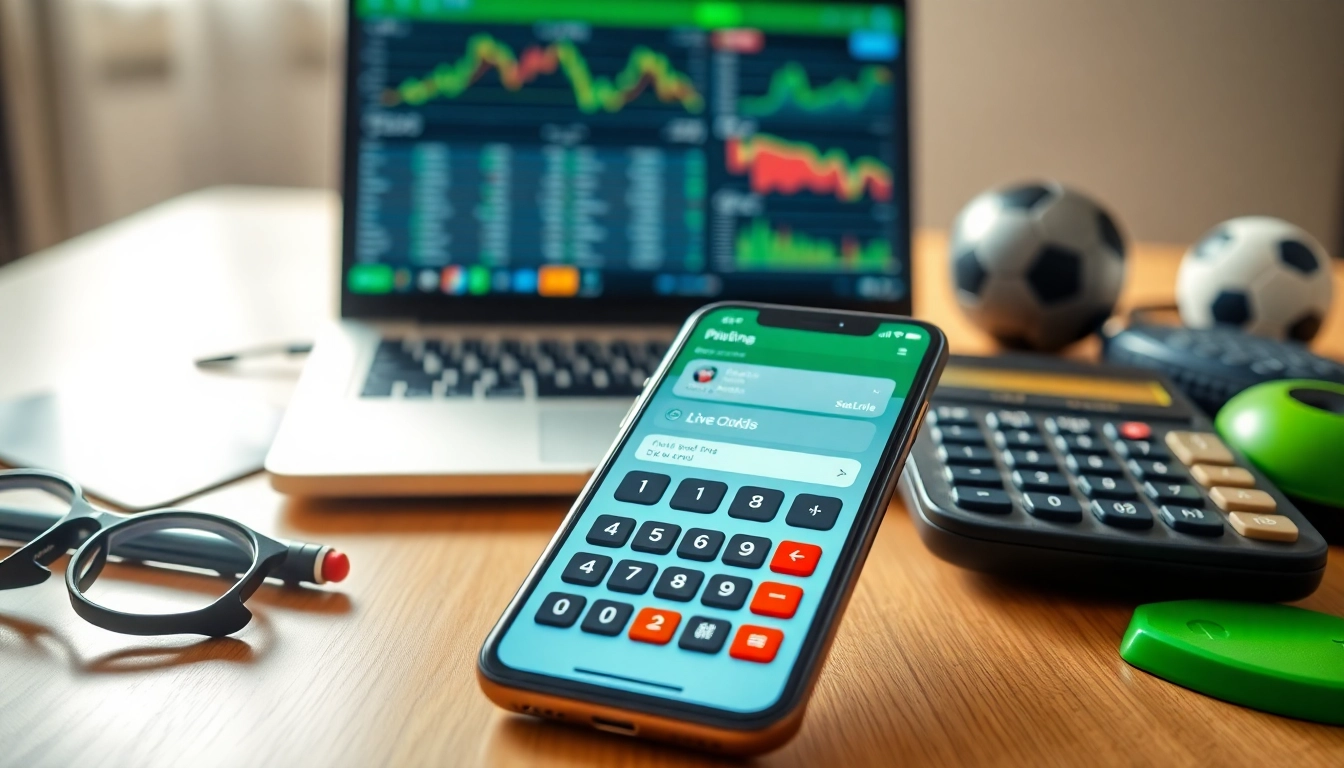 Utilize sports betting calculators on a sleek interface showcasing live sports odds.