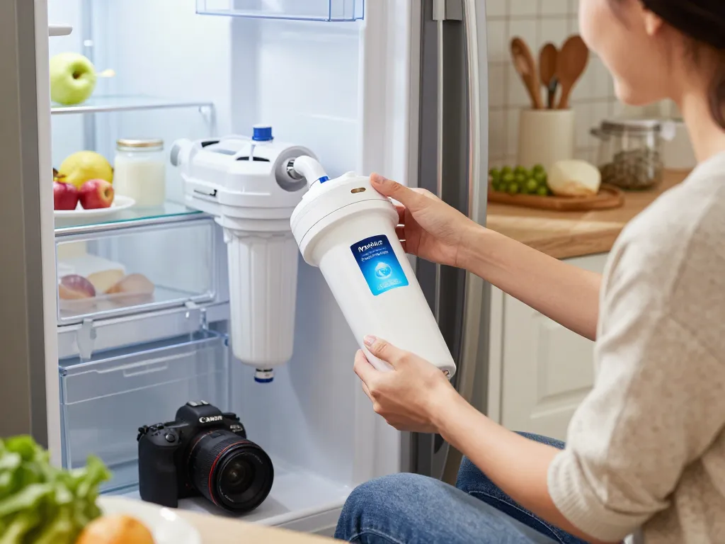 Replacing the Maxblue Replacement for Samsung DA29-00020B water filter in a bright kitchen setting with fresh herbs.