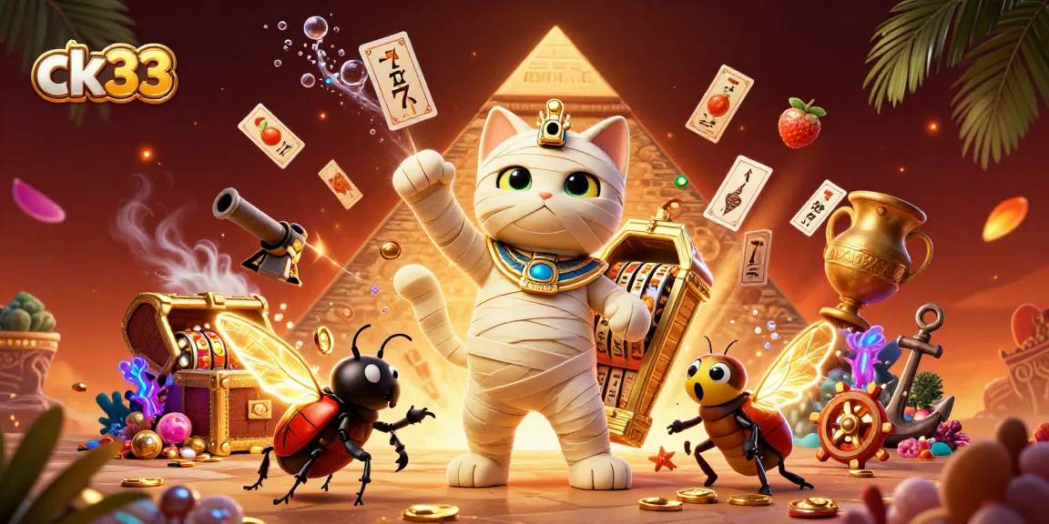 Experience excitement at ck33 casino with a mummy cat and glowing scarab, surrounded by slot reels.