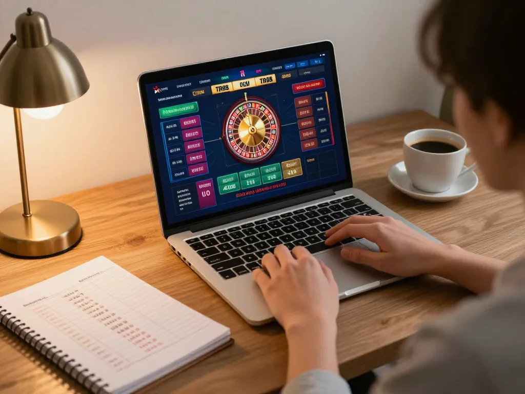 Person engaging in online gambling at TR88, focusing on a roulette game on a laptop.
