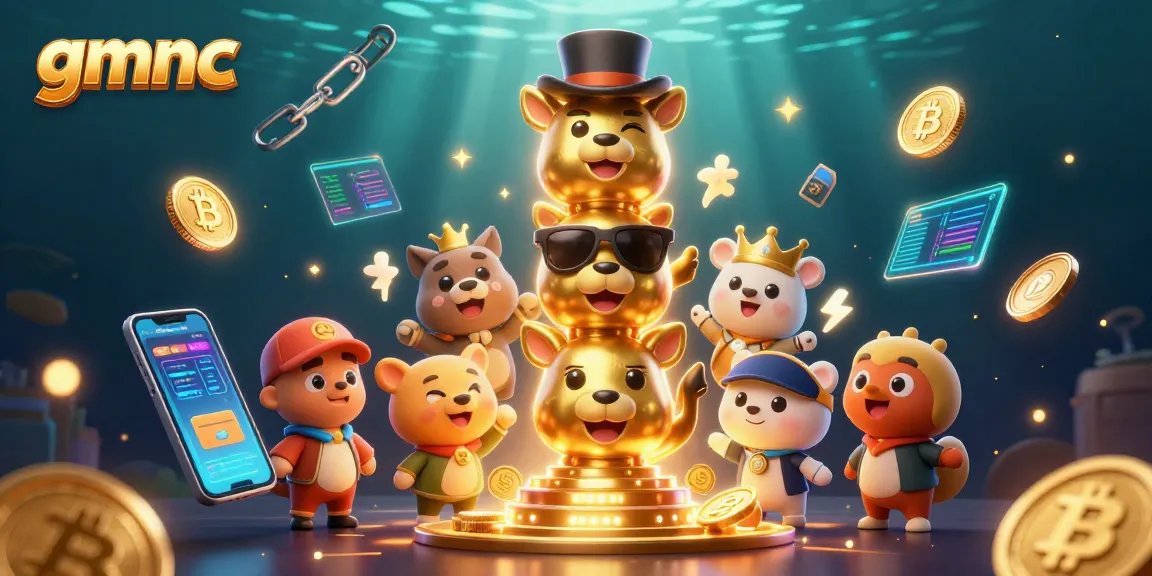 Spin the reels and win at gmnc with a magical totem scene surrounded by crypto coins and casino elements.