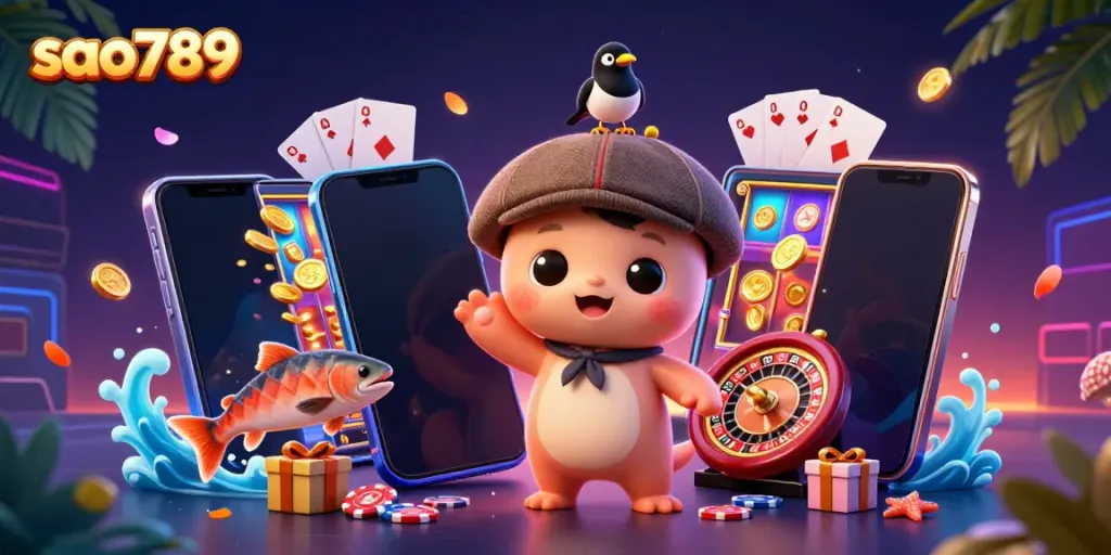 Sao789's playful 3D cartoon illustration showcases a baby Nessie and a magpie amidst vibrant casino elements.