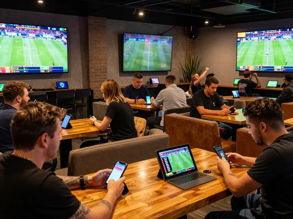 Engaged bettors checking kèo nhà cái on smartphones while watching live sports in a vibrant lounge