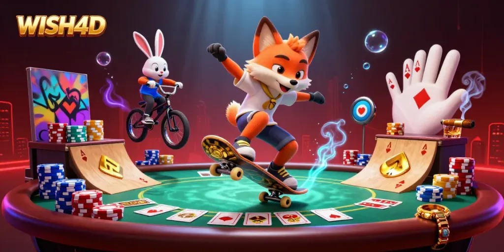 WISH4D brings excitement with a skateboarder fox and BMX rabbit amidst colorful casino elements.