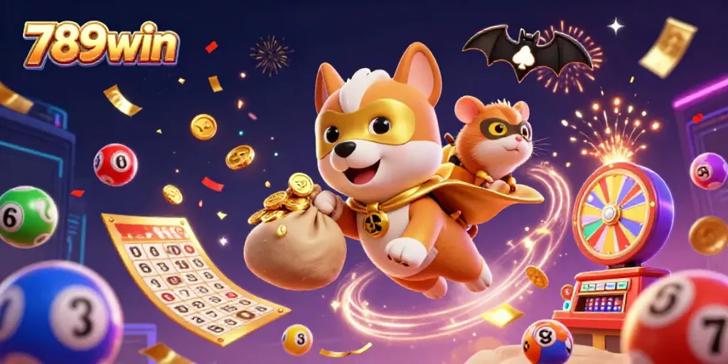 Engage with vibrant 789win casino imagery featuring a superhero dog and colorful game elements.