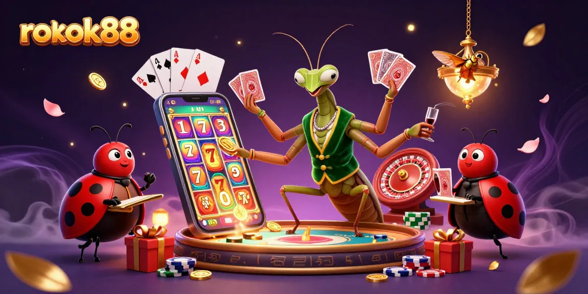 Experience rokok88's vibrant casino scene with a giant praying mantis dealer amidst spinning slots and golden coins.