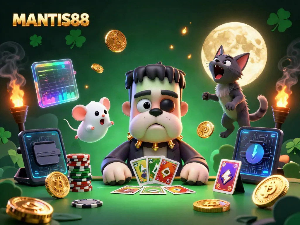 Engage in the thrilling world of MANTIS88 with a monster dealing cards at a casino table, surrounded by crypto elements.