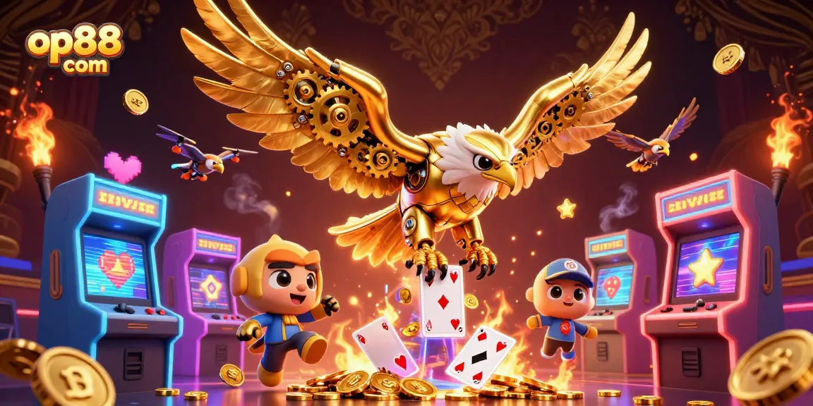 Experience thrilling moments at op88 com with a spectacular 3D casino scene featuring a cybernetic eagle and gaming elements.