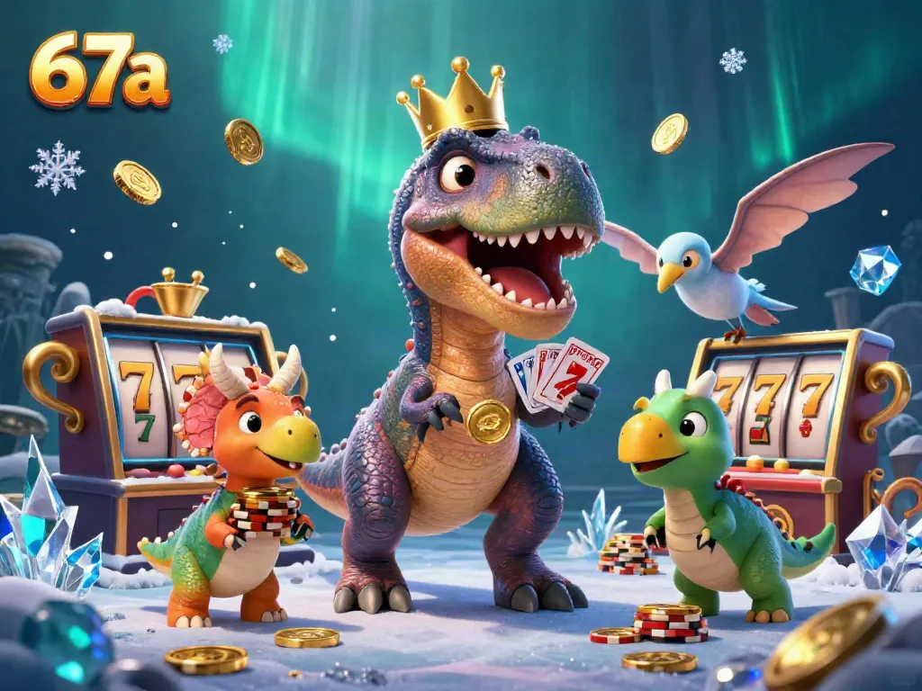 Experience the fun of 67a with a T-Rex dealing cards and a baby triceratops stacking chips in a vibrant casino scene.