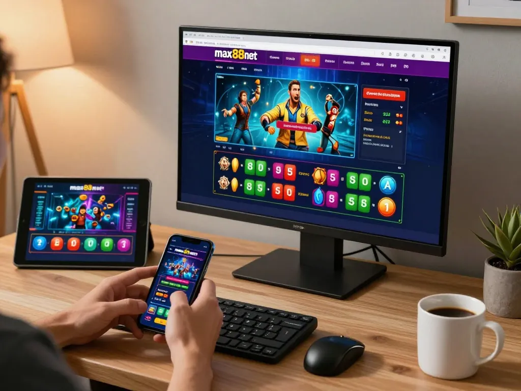 Engaging with max88net online casino app on smartphone in a stylish home setting.
