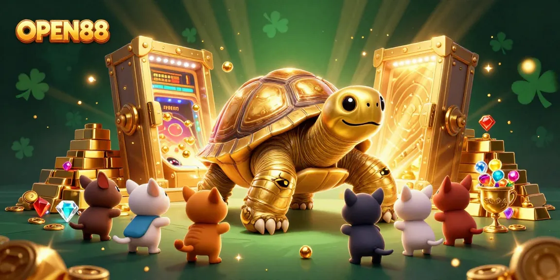 Experience winning with OPEN88 in a dynamic treasure-themed casino illustration featuring vibrant visuals.