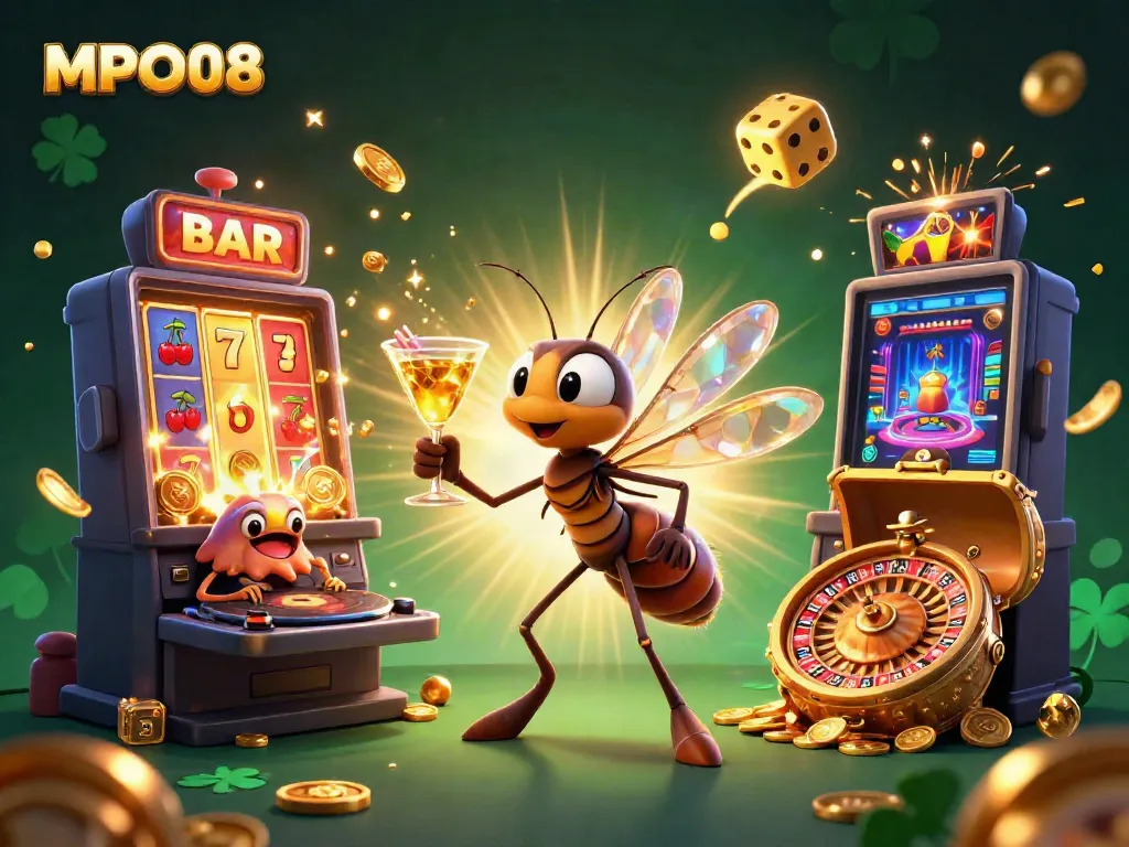 MPO08 showcases an engaging casino scene with a revived mosquito mascot, trilobite DJ, and golden roulette elements.