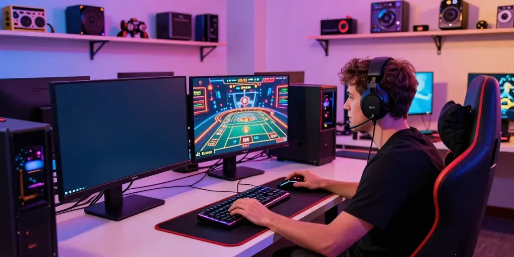 Online gaming setup showcasing an immersive atmosphere, featuring https://playsv88.net/ on screen with vibrant lighting.
