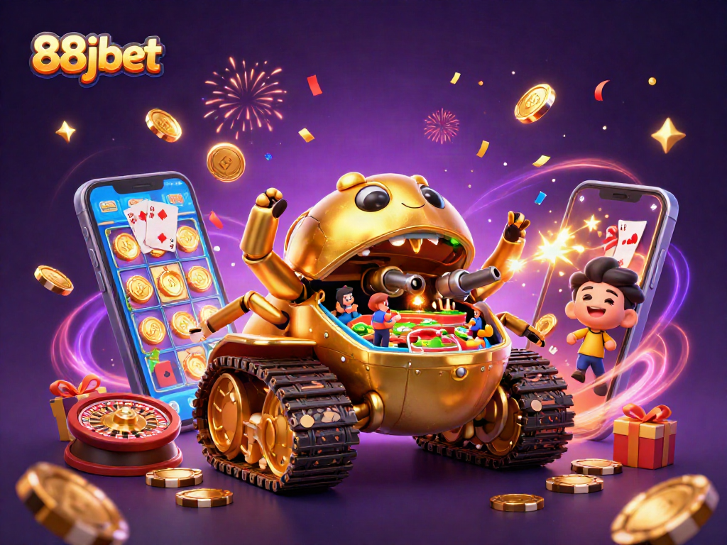 Experience the action at 88jbet with a vibrant casino scene featuring a unique golden beetle tank.