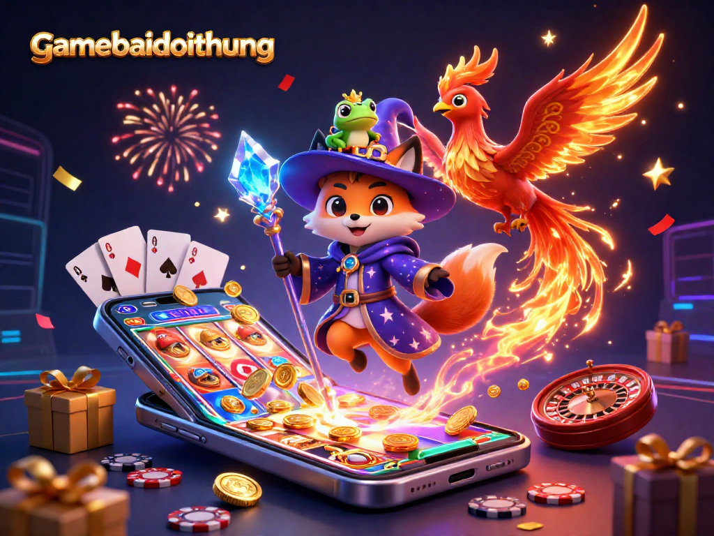 Experience the excitement of gamebaidoithuong with a vibrant scene of magical characters and casino elements in action.