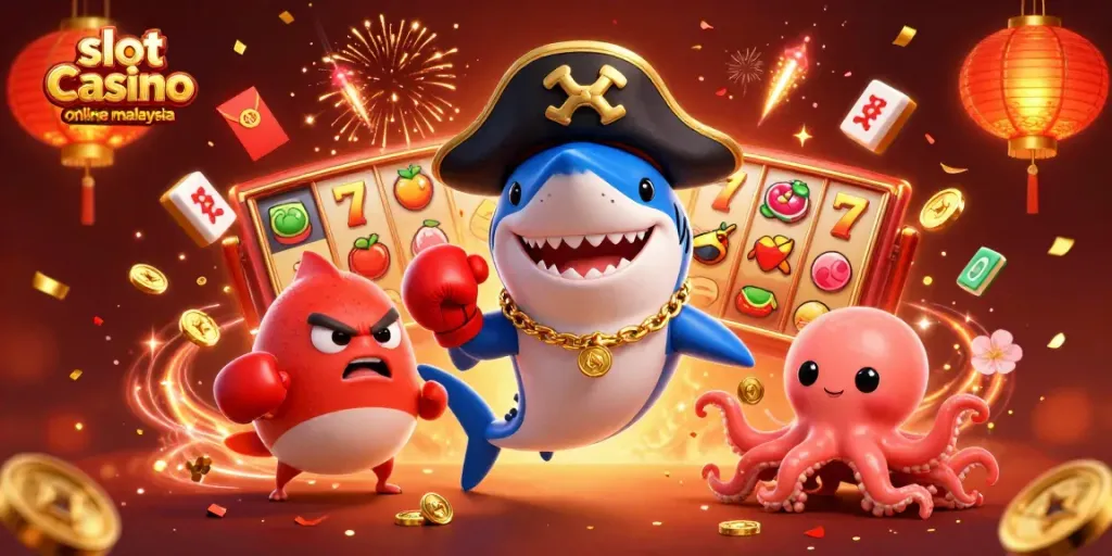 Spin lucky reels at slot casino online malaysia with vibrant cartoon characters and festive elements.