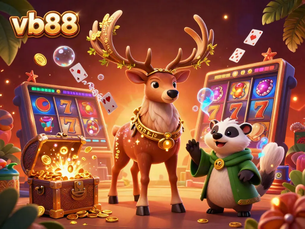Experience the thrill of vb88 with vibrant slots and whimsical characters in a rich casino scene.