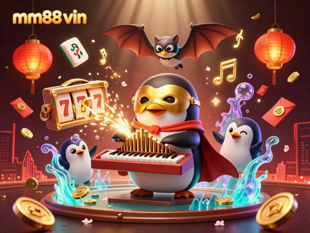 Experience thrilling play at mm88 vin with a penguin organist and vibrant casino scenes.