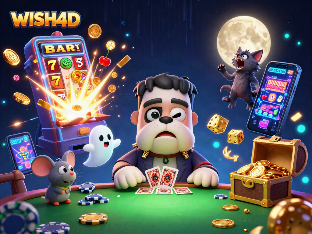 WISH4D's thrilling cartoon scene with spooky characters, slot jackpots, and casino action.