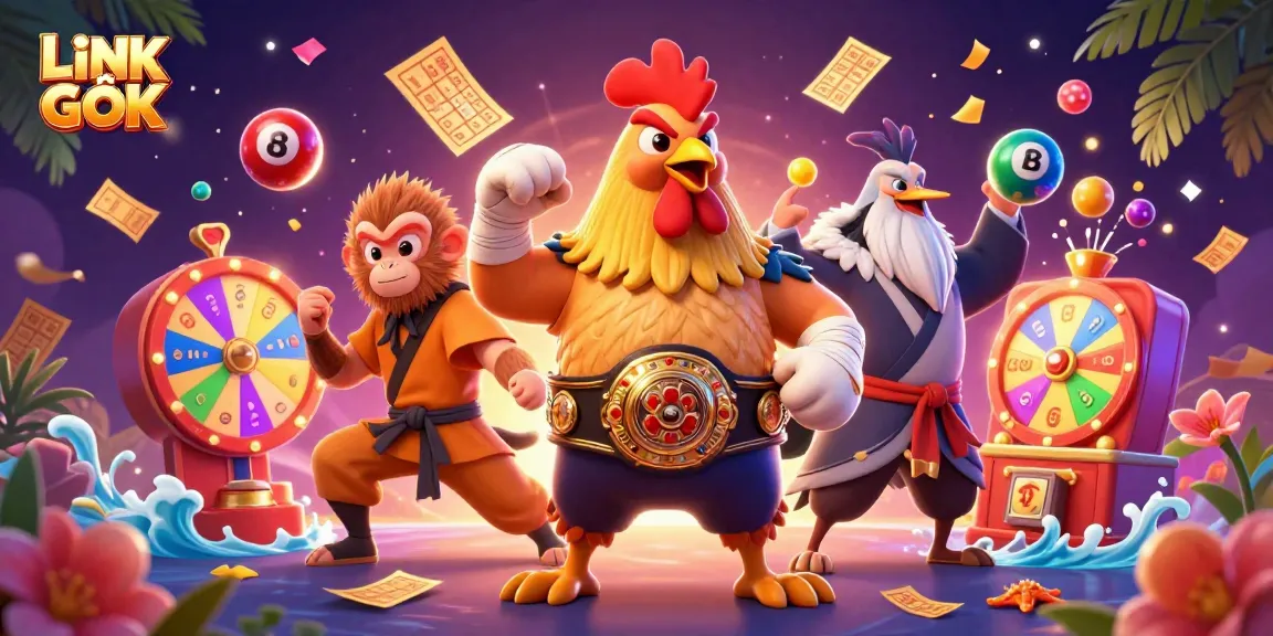 Experience the excitement of LINK GỐC as a fierce rooster and skilled martial artists celebrate with lottery elements in this stunning 3D illustration.