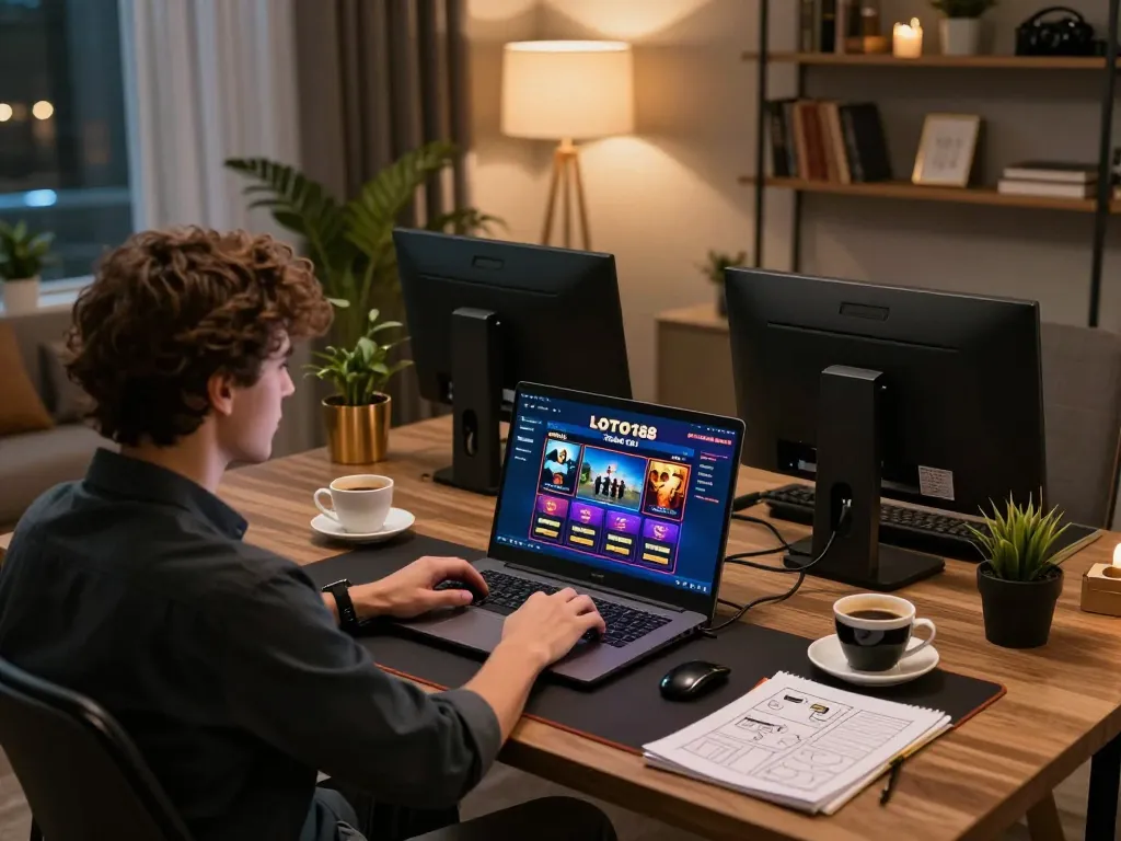 Engaging with LOTO188 TRANG CHỦ on laptop during an enjoyable online gaming session