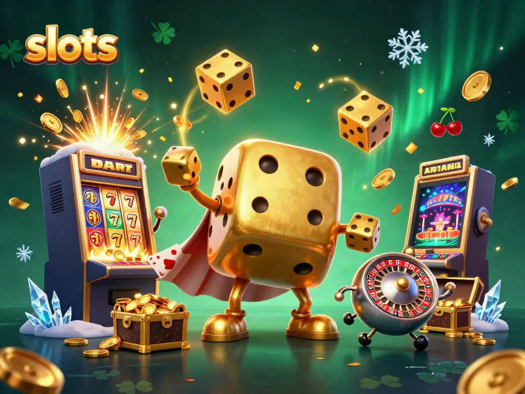 Experience vibrant slots gameplay with a golden dice golem and colorful jackpot imagery.
