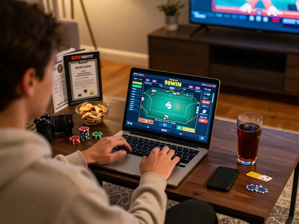 Player enjoying an online poker game at 98win in a cozy home setting with engaging atmosphere.