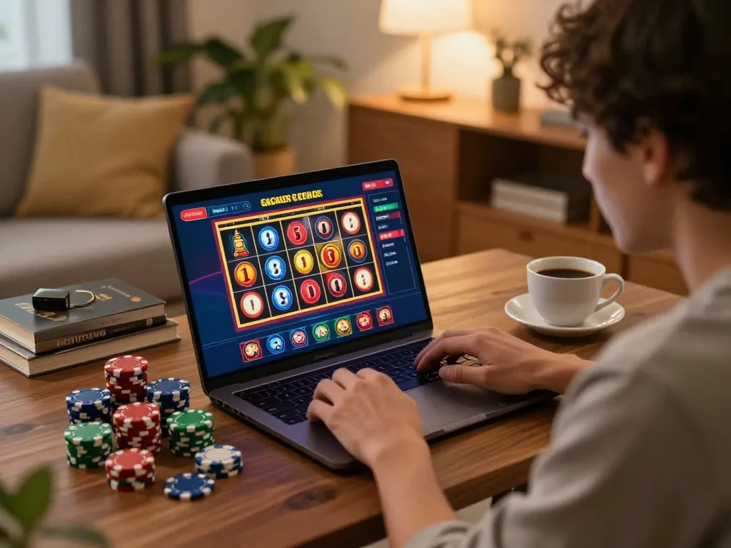 Engaging user spinning the reels in link slot gacor gameplay within a cozy home setting.