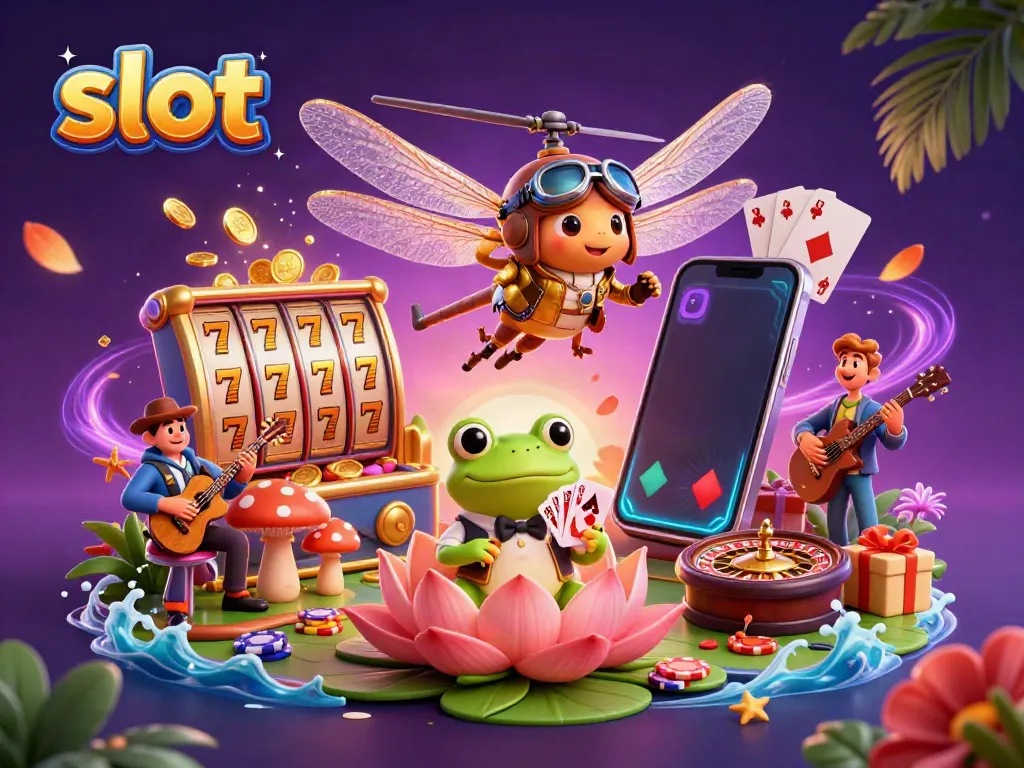 Experience thrilling slot gameplay with a dynamic illustration of a dragonfly pilot and frog dealer.