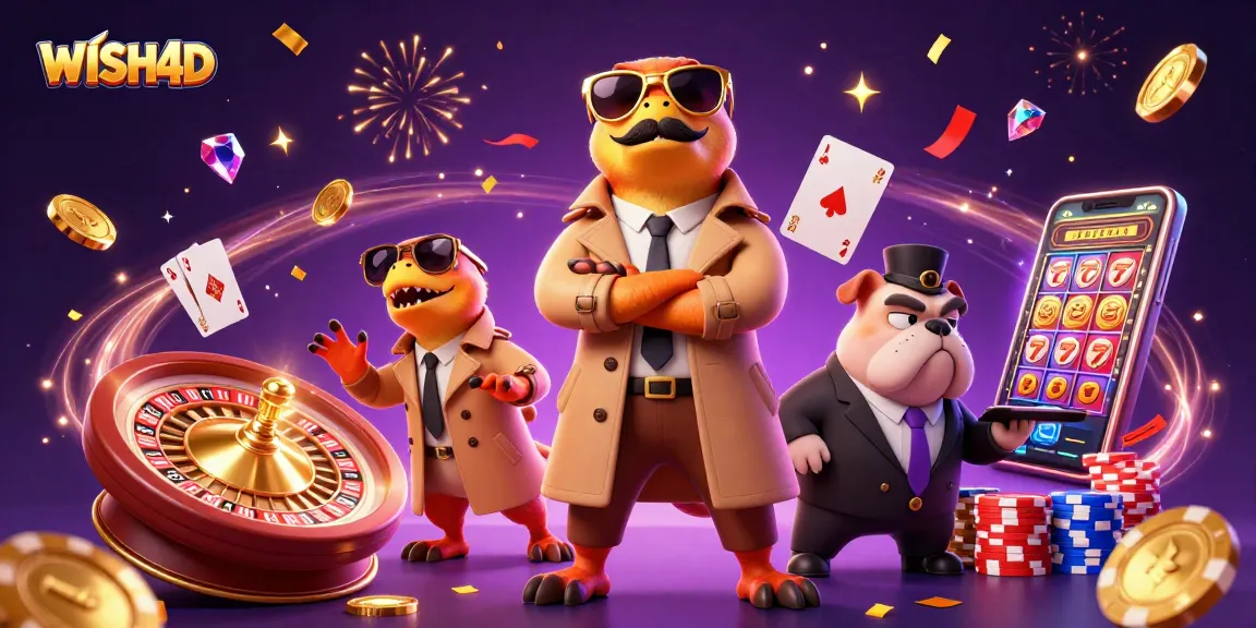 Experience WISH4D with raptors in a trench coat entering a VIP casino, surrounded by dazzling game elements.