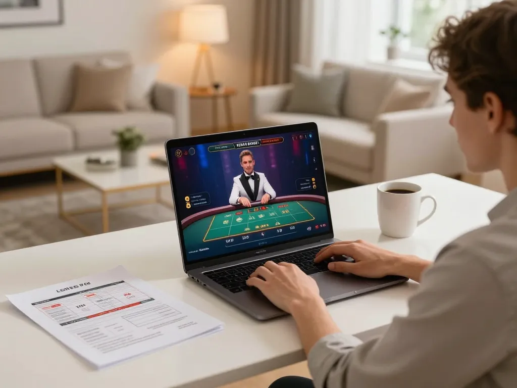 TT88 player enjoying a live dealer game on a laptop with a focus on betting strategies in a cozy atmosphere.