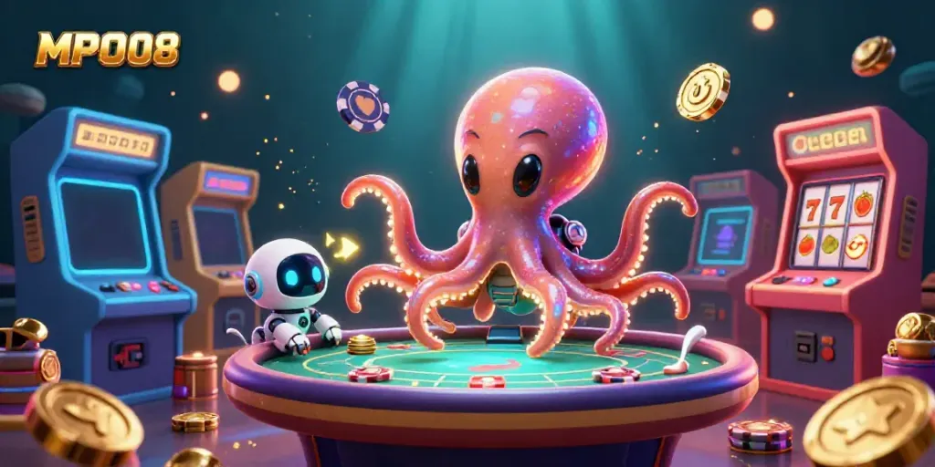 MPO08 showcases a playful alien octopus and robot amidst a vibrant online gaming atmosphere of slots.