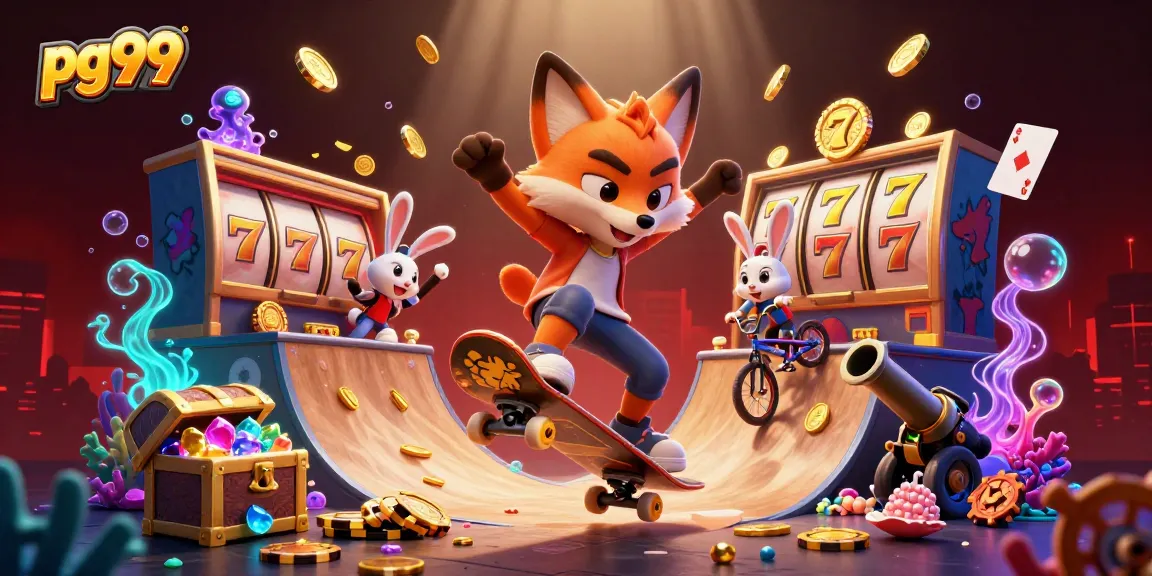 pg99 cartoon illustration showcasing a skateboarder fox and BMX rabbit in a jackpot casino setting