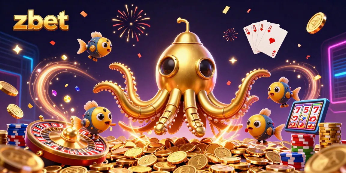 Experience winning thrills at zbet with vibrant casino elements and the golden kraken submarine amidst sparkling coins.