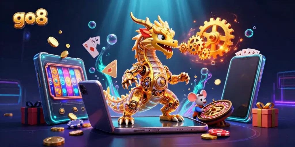 Play thrilling games at go8, featuring a golden dragon and immersive casino elements.