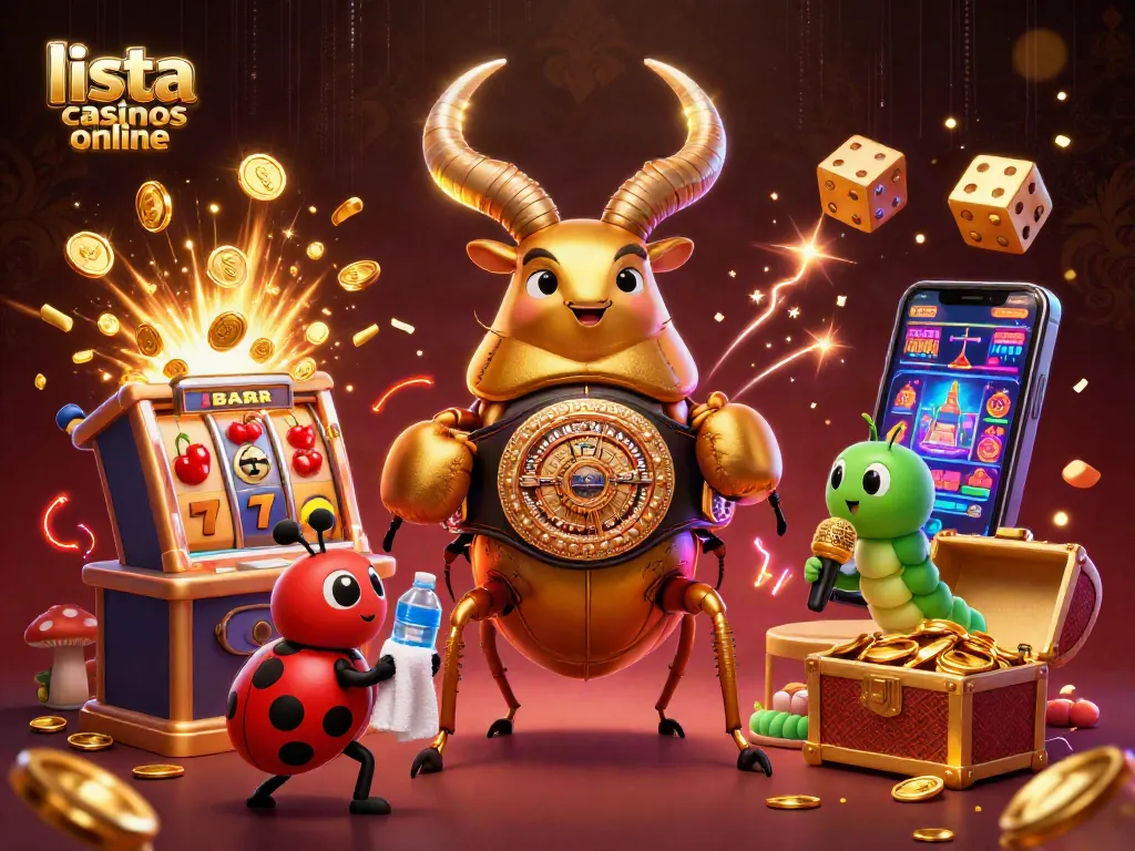 Lista de casinos online que muestra una escena animada con un escarabajo y un cajero de tragamonedas.