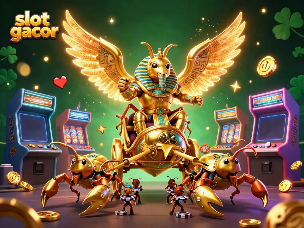 Engaging slot gacor scene featuring a golden scarab beetle, scorpion chariot, and vibrant game elements.