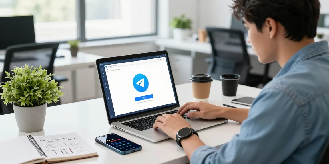 Tech workspace showcasing Telegram Download on laptop with professional ambiance and productivity elements.