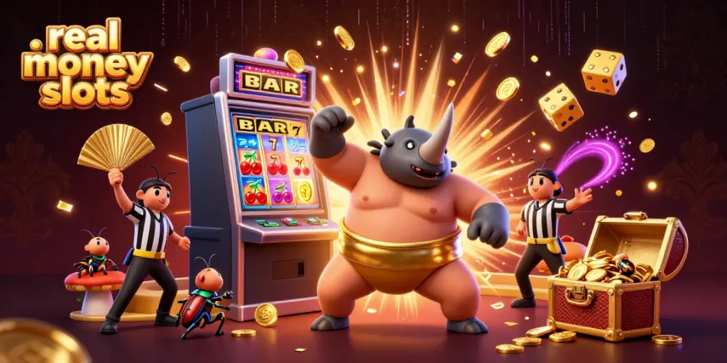 Experience thrilling real money slots with a cartoon beetle sumo champion in a dynamic casino scene.