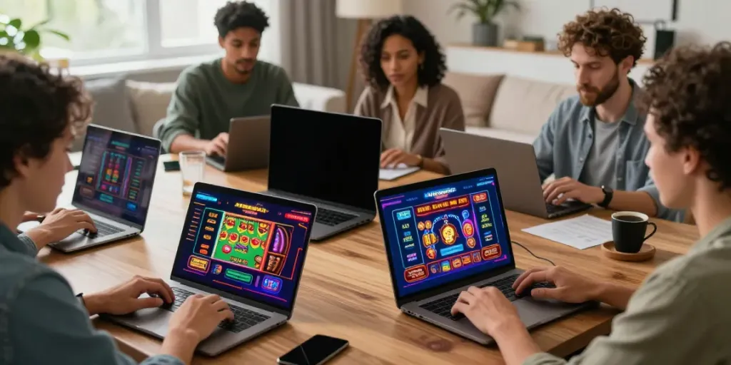Online gaming excitement with players using devices at https://fabet.com.mx/ in a vibrant home setting.