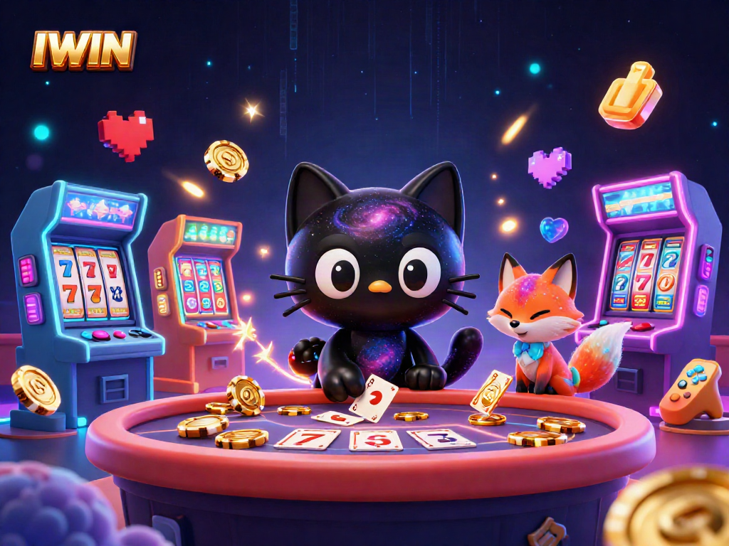 IWIN draws in excitement at a cosmic casino with a black hole cat, vibrant slot reels, and dynamic game elements.