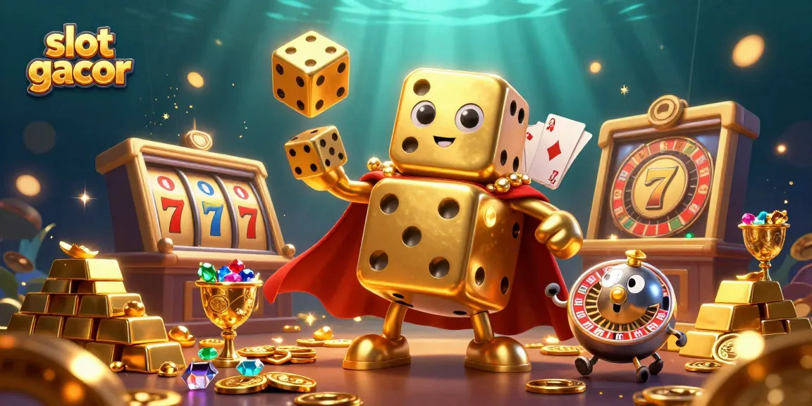 Experience thrilling slot gacor action with golden dice juggling and treasures in a vibrant casino scene.