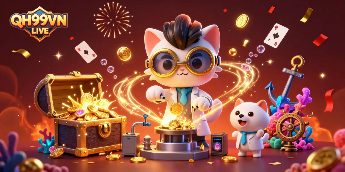 Experience thrilling games with QH99VN LIVE as a playful scientist cat creates gold coins amidst colorful gems.