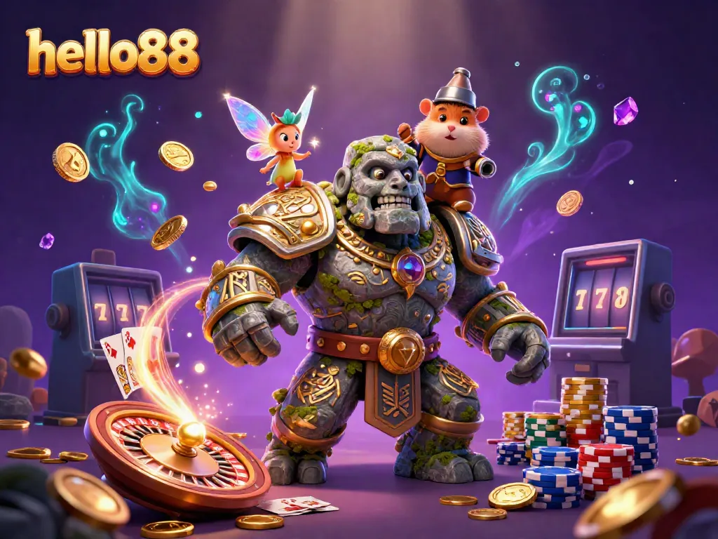Experience the enchanting world of hello88 with a magical golem, fairy, and hamster knight amidst vibrant casino elements.
