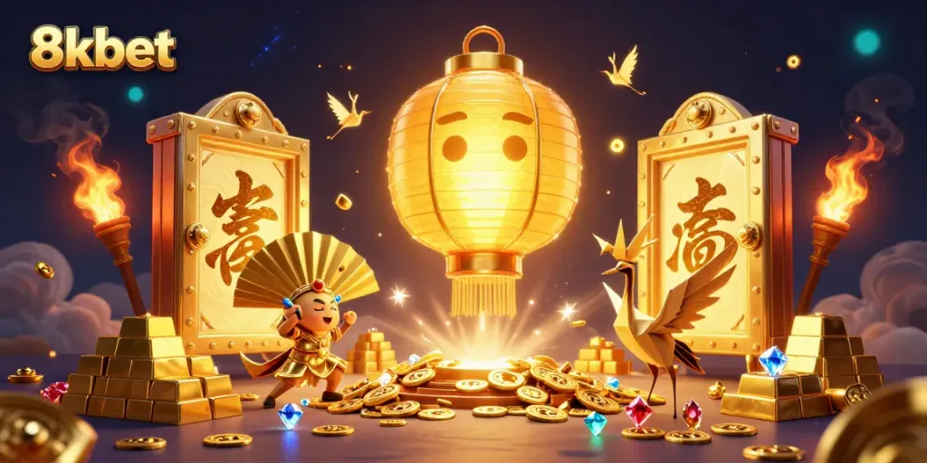 Engage with 8xbet's vibrant casino world, featuring a giant lantern spirit and treasures.