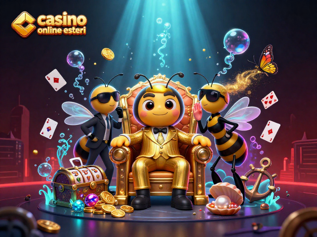 Gioca a casino online esteri con un boss ape e guardie in un ambiente di casinò vivace e dettagliato.