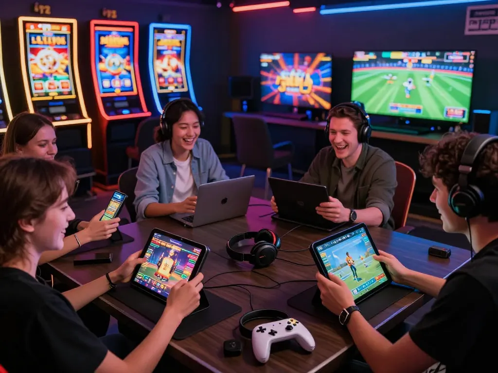 Cổng game Rikvip users immersing in diverse games, showcasing a vibrant online gaming atmosphere
