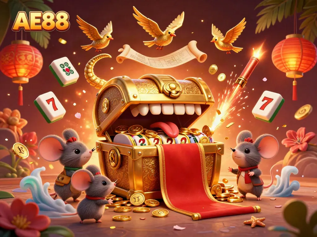 Experience the thrill of winning at AE88 with a vibrant casino scene featuring a treasure chest, slot games, and festive decorations.