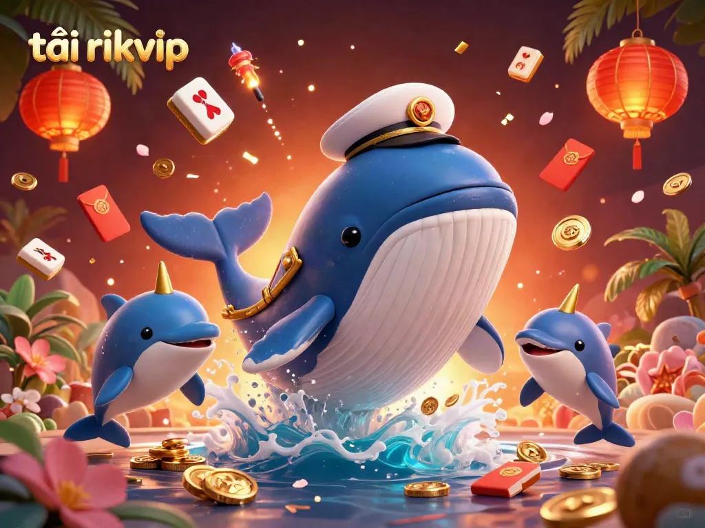 Experience the thrill of tải rikvip with a captivating 3D illustration of a whale and playful dolphins amidst vibrant casino-themed elements.