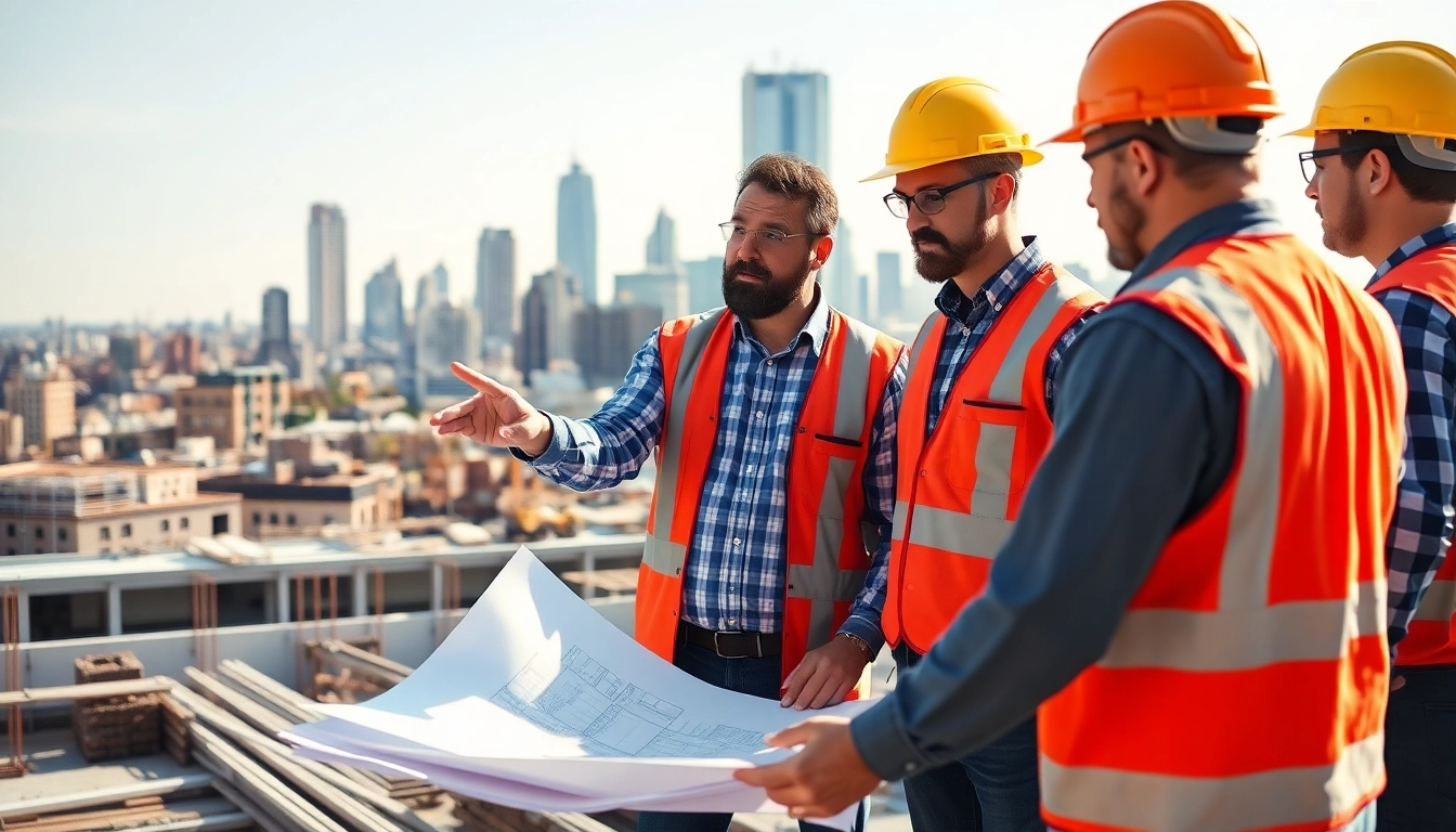 New Jersey Commercial General Contractor overseeing a construction project with a city skyline backdrop.